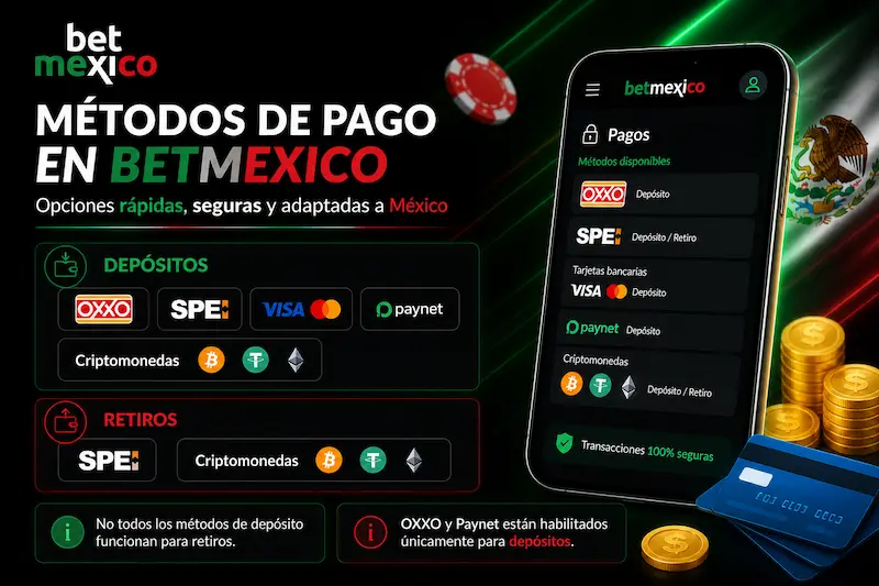 Métodos de pago en BetMexico con opciones de depósito y retiro como SPEI, OXXO y criptomonedas