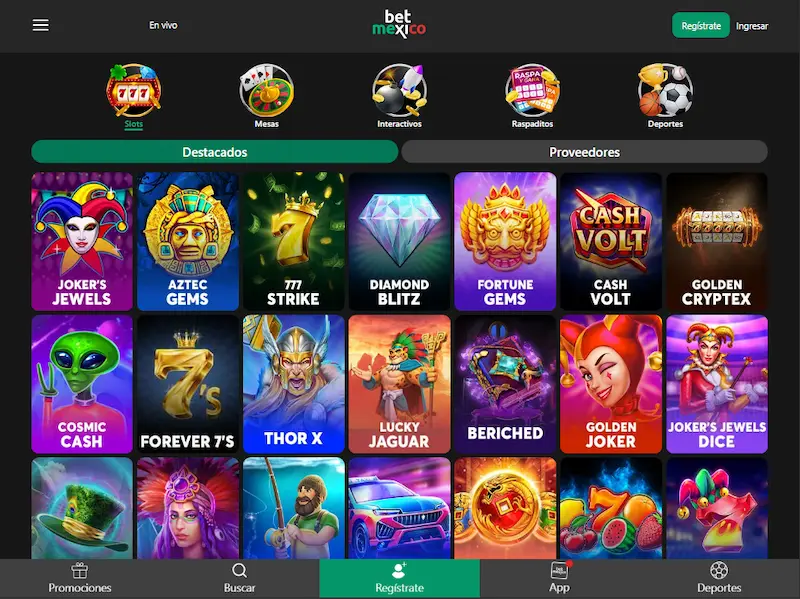 Interfaz de BetMexico con catálogo de tragamonedas y selección de slots en el lobby